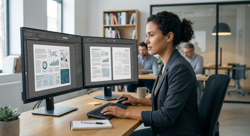 Professional DTP and Document Layout Services Desktop publishing professional adjusting a complex page layout with graphics, charts, and mult-language text on a computer monitor, using creative software