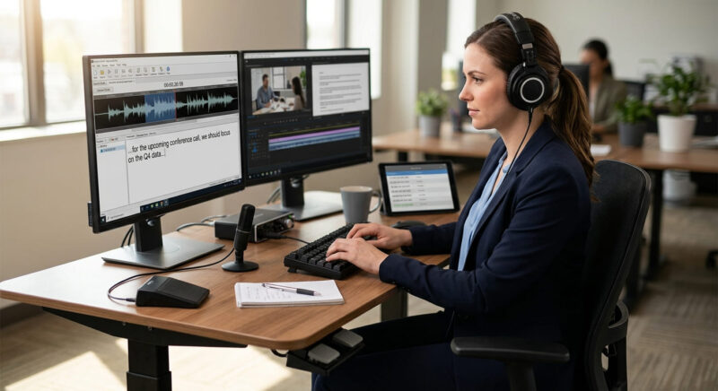 Professional Audio and Video Transcription Services – Prime Production Professional transcriptionist wearing headphones while typing audio files and wave forms on dual computer monitors at an office desk.
