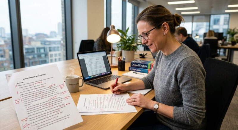 Professional Document Proofreading and Grammar Correction Services – Prime Production Professional proofreader meticulously reviewing a printed manuscript with red pen corrections, accompanied by a laptop and reference books at an office desk.