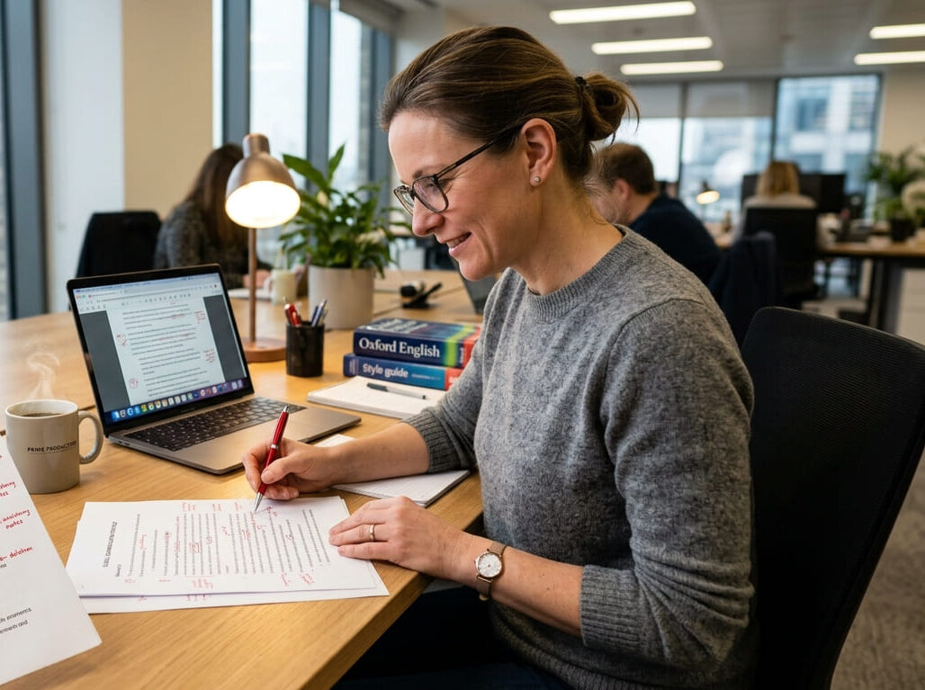 Professional proofreader meticulously reviewing a printed manuscript with red pen corrections, accompanied by a laptop and reference books at an office desk.