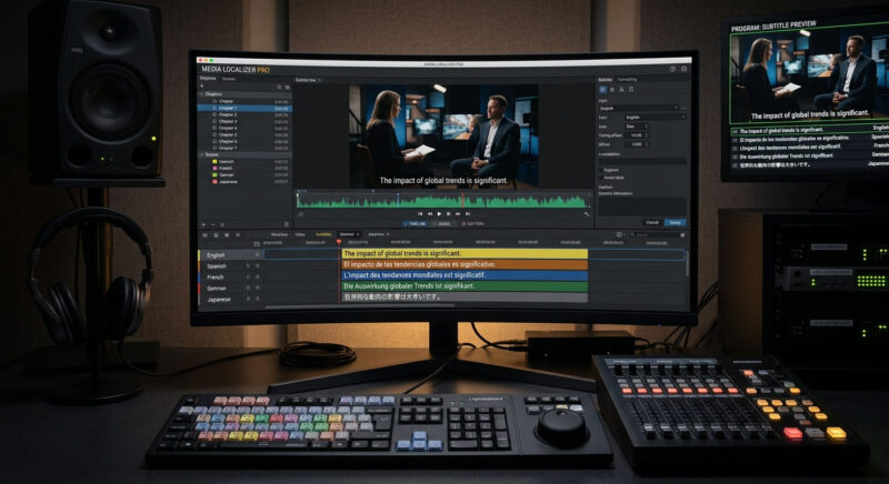 Professional Subtitling and Closed Captioning Services – Prime Production Two video production specialists working together on a computer monitor to synchronize subtitles and translation timecodes.